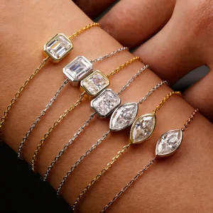 1-2CT Emerald Cut Moissanite Bracelet for Women Bezel Set Solitaire 925 Sterling Silver Jewelry Charm Hand Chain Adjustable 20cm
